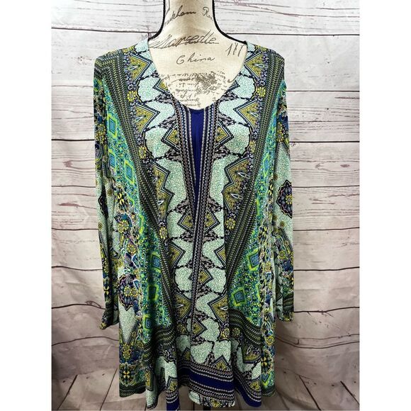 Geometric Print Dress V Neck Long Sleeve Tunic Mini Dress Colorful - Picture 1 of 4